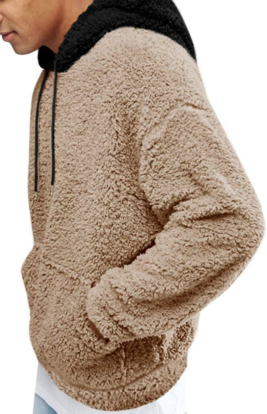 Men's Fuzzy Sherpa Pullover Hoodie with Front Pocket - Long Sleeve Military-Inspired Fall and Winter Outwear