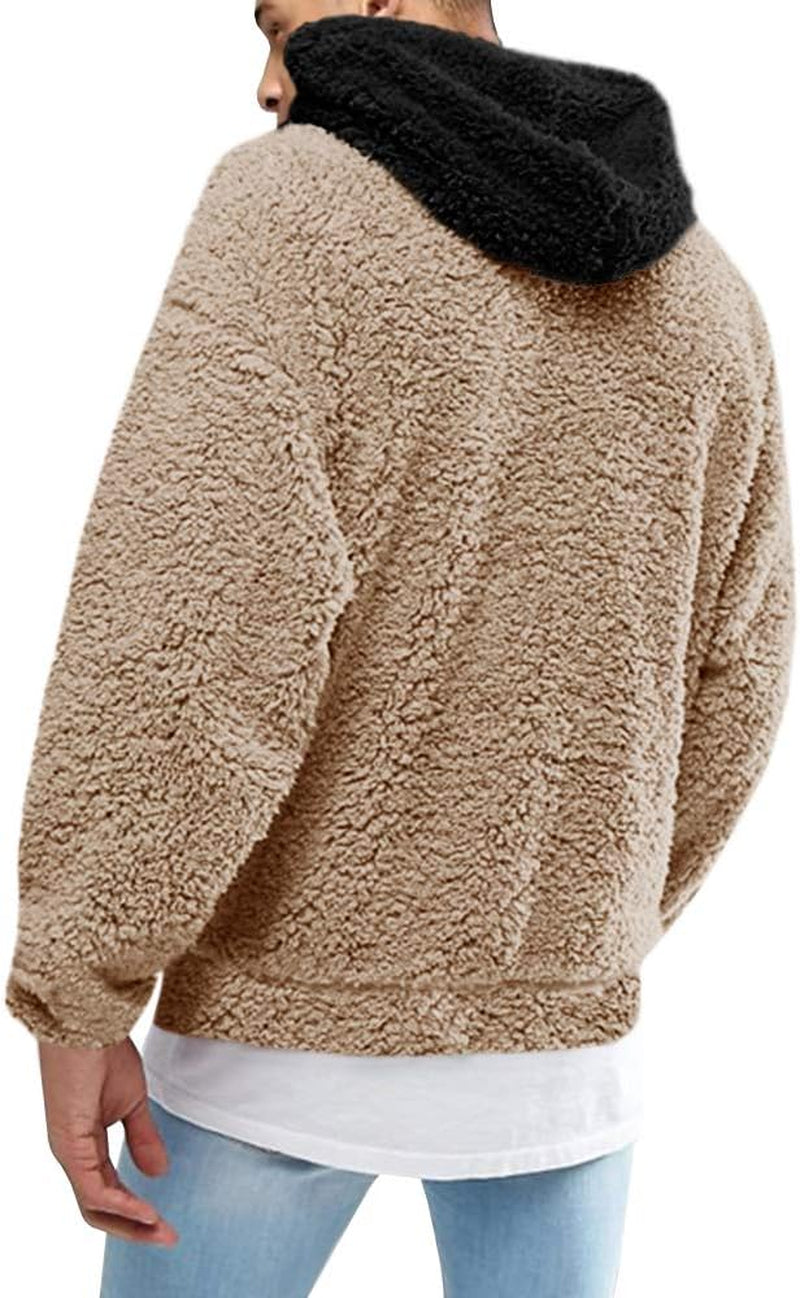 Men's Fuzzy Sherpa Pullover Hoodie with Front Pocket - Long Sleeve Military-Inspired Fall and Winter Outwear