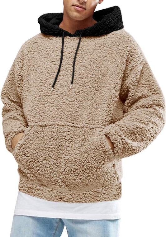 Men's Fuzzy Sherpa Pullover Hoodie with Front Pocket - Long Sleeve Military-Inspired Fall and Winter Outwear